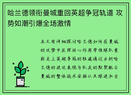 哈兰德领衔曼城重回英超争冠轨道 攻势如潮引爆全场激情