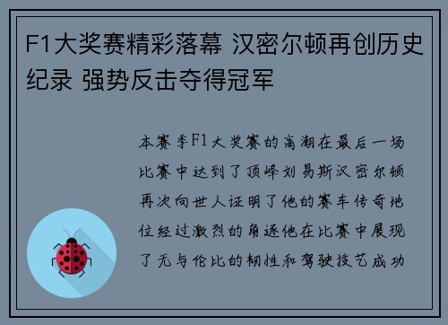F1大奖赛精彩落幕 汉密尔顿再创历史纪录 强势反击夺得冠军